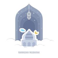 ramadan kareem conception islamique croissant de lune et silhouette de dôme de mosquée avec motif arabe et calligraphie vecteur