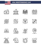 bonne fête de l'indépendance pack de 16 lignes signes et symboles pour les films américains pont cinéma tourisme modifiable usa jour éléments de conception vectorielle vecteur
