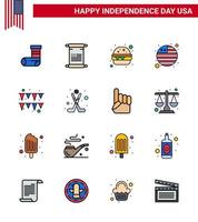 16 signes de ligne remplis à plat pour la fête de l'indépendance des états-unis guirlande américaine burger festival drapeau modifiable usa day vector design elements