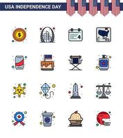 16 usa plat rempli ligne pack de signes et symboles de la fête de l'indépendance de la bière carte usa drapeau américain modifiable usa jour vecteur éléments de conception