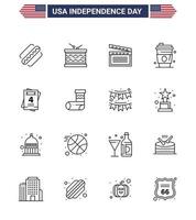 pack de 16 signes de lignes de célébration de la fête de l'indépendance des états-unis et symboles du 4 juillet tels que le jus d'invitation st drink usa modifiable usa day vector design elements