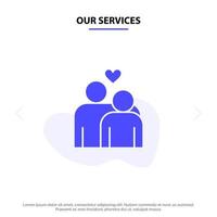 nos services couple amour mariage coeur solide glyphe icône modèle de carte web vecteur