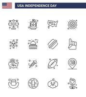 pack de 16 lignes de célébration de la fête de l'indépendance des états-unis et symboles du 4 juillet tels que badge insigne liquid security usa modifiable usa day vector design elements