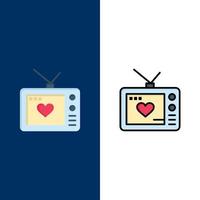télévision amour saint valentin film icônes plat et ligne remplie icône ensemble vecteur fond bleu