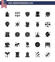 pack de glyphes solides de 25 symboles de la fête de l'indépendance des états-unis de chapeau de sécurité chapeau de guirlande états-unis éléments de conception vectoriels modifiables de la journée des états-unis vecteur