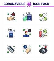 icône de conseils de précaution contre les coronavirus pour la présentation des directives de soins de santé 9 pack d'icônes de couleur plate ligne remplie comme le savon main bactérie bouteille virus coronavirus viral 2019nov maladie vecteur desi