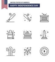 ensemble de 9 icônes de la journée des états-unis symboles américains signes de la fête de l'indépendance pour les bâtons de monument instrument de la fête de l'indépendance américain modifiable éléments de conception de vecteur de la journée des états-unis