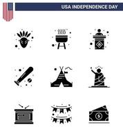 ensemble de 9 pack de glyphes solides modernes sur la tente de camp de la fête de l'indépendance des états-unis stade gratuit chauve-souris des états-unis éléments de conception vectoriels modifiables de la journée des états-unis vecteur