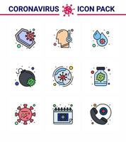 ensemble d'icônes covid19 pour l'infographie 9 ligne remplie de pack de couleurs plates telles que la fièvre d'attaque de la température de la bombe dans le monde entier coronavirus viral 2019nov éléments de conception de vecteur de maladie