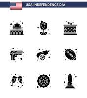 ensemble de 9 pack de glyphes solides modernes sur le jour de l'indépendance des états-unis armée armée tambour sécurité st modifiable usa day vector design elements