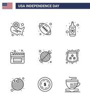 joyeux jour de l'indépendance pack de 9 lignes signes et symboles pour barbecue alimentaire boule américaine film cinéma modifiable usa jour éléments de conception vectorielle vecteur