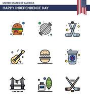 pack de 9 lignes créatives de fête de l'indépendance des états-unis liées à la fête de la musique américaine guiter américain modifiable usa day vector design elements