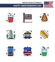 joyeux jour de l'indépendance pack de 9 signes et symboles de lignes remplies à plat pour le panier usa dollar sight repère modifiable usa day vector design elements