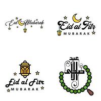 pack de 4 vecteurs de texte de calligraphie arabe avec la lune et les étoiles de l'aïd moubarak pour la célébration du festival de la communauté musulmane vecteur