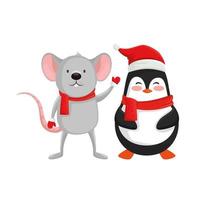 souris avec des personnages de pingouin de joyeux noël vecteur