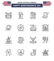 16 usa line pack de signes et symboles de la fête de l'indépendance de la fête cola alcool soda bière modifiable usa day vector design elements