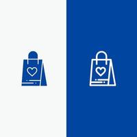 ligne de sac cadeau amour shopping et bannière bleue icône solide glyphe vecteur