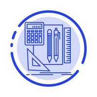 stylo calculatrice de livre stationnaire icône de ligne pointillée bleue vecteur