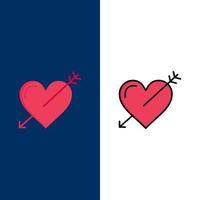 coeur flèche vacances amour saint valentin icônes plat et ligne remplie icône ensemble vecteur fond bleu