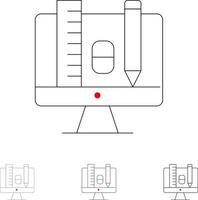 jeu d'icônes de ligne noire audacieuse et fine de crayon d'échelle d'éducation informatique vecteur