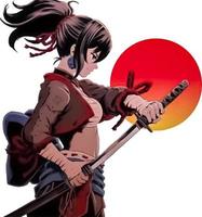 guerrier anime girl avec une épée dans ses mains sur fond de coucher de soleil vecteur