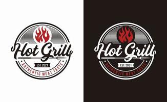 logo de barbecue grillé vintage, vecteur de barbecue rétro, icône de nourriture et de restaurant de gril de feu, icône de feu rouge