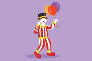 dessin plat de personnage de clown heureux debout et tenant des ballons avec un geste de célébration, portant un chapeau et un costume de clown prêt à divertir le public dans un spectacle de cirque. illustration vectorielle de dessin animé vecteur