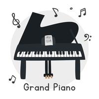 style de dessin animé de clipart de piano à queue. piano à queue mignon simple avec illustration vectorielle plane de feuille de musique. clavier instrument de musique piano à queue style doodle dessiné à la main. conception de vecteur de piano à queue