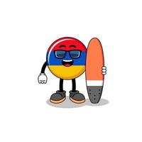 caricature de mascotte du drapeau arménien en tant que surfeur vecteur