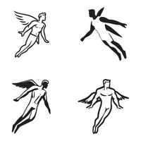 homme volant ange avec ailes icône, logo vecteur contour noir