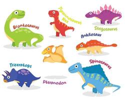 collections colorées de dinosaures dans le style dessin animé t-rex, stégosaure, ankylosaure, spinosaure, ptéranodon, tricératops, brontosaure illustrations vectorielles eps10 vecteur
