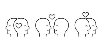 profil de tête de personnes de couple avec coeur d'amour, jeu d'icônes de ligne. visage avec sentiment d'amour, relation en famille. deux amants, l'amour du même sexe. Saint Valentin. vecteur