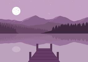 jetée en bois sur le lac avec montagnes et pleine lune la nuit. illustration vectorielle vecteur