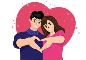 un couple homme et femme qui s'aime. ils dessinent des cœurs avec les mains de l'autre. illustration vectorielle de caractère amoureux.
