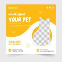 vecteur de publication de médias sociaux d'abri pour animaux de compagnie avec des couleurs jaunes et roses. vecteur de bannière web de publicité de centre d'adoption et de toilettage d'animaux. conception d'affiche promotionnelle petcare avec des formes géométriques.