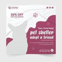 refuge pour animaux et vecteur de publication de médias sociaux d'adoption avec des couleurs magenta foncé et bleu océan. animalerie et modèle de bannière web de toilettage pour le marketing. conception d'affiche d'adoption d'animaux de compagnie avec des formes abstraites.