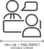 entretien d'embauche pixel icône linéaire parfaite. conversation de travail. questionnement du candidat. processus d'embauche. ressources humaines. illustration de la ligne mince. symbole de contour. dessin de contour vectoriel. trait modifiable vecteur