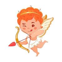 Cupidon aux cheveux roux avec arc et flèche. garçon chérubin avec diadème sur fond blanc. illustration vectorielle pour la saint valentin vecteur