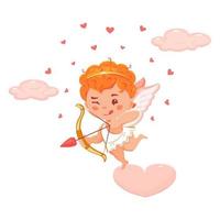 mignon cupidon aux cheveux roux dans les nuages roses. chérubin avec flèche et arc. illustration de vecteur de dessin animé pour la saint valentin ou mariage