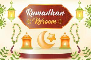 Kareem Ramadan. illustration 3d d'une mosquée, d'une lampe, d'un tambour, d'un podium et d'un homme priant vecteur