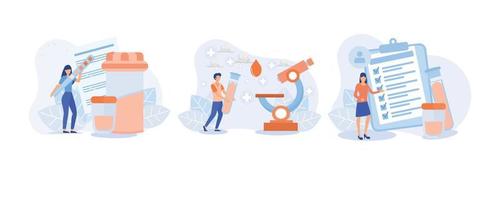 ensemble d'illustrations de tests médicaux. médecin de laboratoire ou chimiste testant des échantillons d'urine et de sang de patients. concept de soins de santé et de médecine.set illustration moderne de vecteur plat