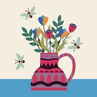 carte de printemps, invitations, impression, bonjour printemps. modèle carré avec des fleurs dans un vase rose et des abeilles, sur une table bleue. illustration vectorielle. vecteur