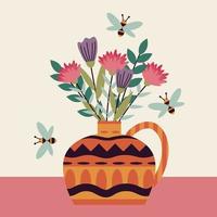 carte de printemps, invitations, impression, bonjour printemps. modèle carré avec des fleurs dans un vase jaune et des abeilles, sur une table rose. illustration vectorielle. vecteur
