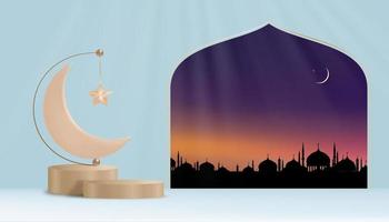 carte islamique croissant de lune podium 3d avec silhouette dôme mosquées et étoile sur fond de ciel crépuscule, toile de fond vectorielle de la religion de la symbolique musulmane, eid ul fitr, ramadan kareem, eid al adha, eid mubarak vecteur