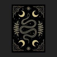 symbole de serpent à géométrie sacrée avec décoration de croissant de lune et de feuilles vecteur