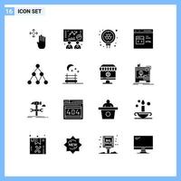 16 icônes. symboles de glyphes créatifs de style solide. signe d'icône solide noir isolé sur fond blanc. vecteur