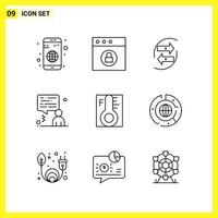 9 jeu d'icônes. symboles de lignes simples. signe de contour sur fond blanc pour les applications mobiles de conception de sites Web et les médias imprimés. vecteur