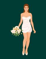 belle jeune mariée en robe de mariée courte avec bouquet élégant. femme en robe blanche avec des fleurs. vecteur