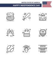 groupe de 9 lignes définies pour le jour de l'indépendance des états-unis d'amérique tels que l'argent de la boutique sac historique vin modifiable usa day vector design elements