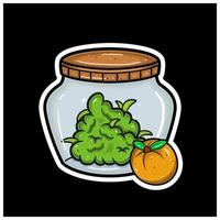 saveur de fruit orange avec mascotte de dessin animé de bourgeon de mauvaises herbes sur le pot. pour autocollant et étiquette. vecteur